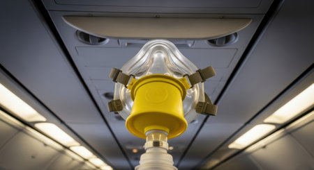 Medical oxygen mask in the cabin of a passenger plane.の素材