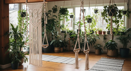 Hanging white hammock in the interior of a wooden house.の素材
