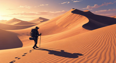 Hiking in the desert. 3d illustration of a man with a backpack and trekking polesの素材