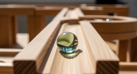 glass ball on a wooden stand in the interior of the room.の素材