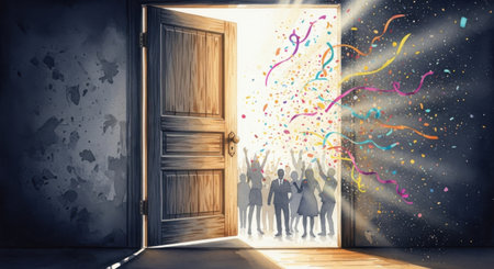 Door with people silhouettes and colorful confetti.の素材
