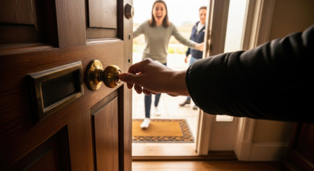 Welcoming arrival captured through open wooden door and brass doorknob with guests outsideの素材