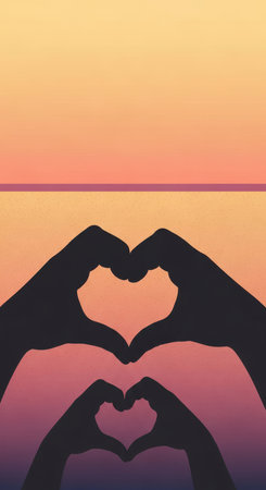 Silhouette of hands forming a heart shape over sunset sky backgroundの素材
