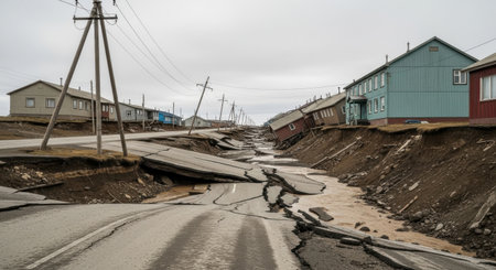 Severely damaged residential road after ground collapse showing cracked asphalt tilted houses and leaning utility polesの素材