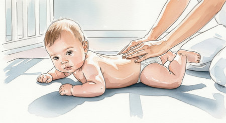 Baby massage. Hand drawn vector illustration of baby lying on the floorの素材