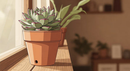Illustration of succulent plant in a pot on the windowsillの素材