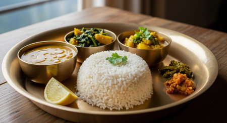 Rice with curry sauce and chicken in golden bowl on wooden tableの素材