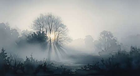 Landscape with trees and fog in the morning.の素材