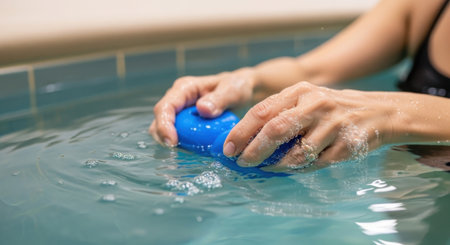 Close up of woman hands cleaning swimming pool with sponge and spray.の素材