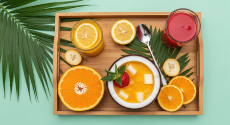 Top view of orange smoothie and fresh fruits in wooden tray on green backgroundの素材