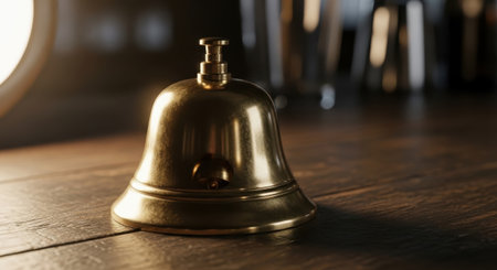 Bell on wooden table, closeup. Concept of service bell.の素材