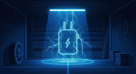 Electric power supply on a dark background. Power supply concept. Vector illustration.の素材