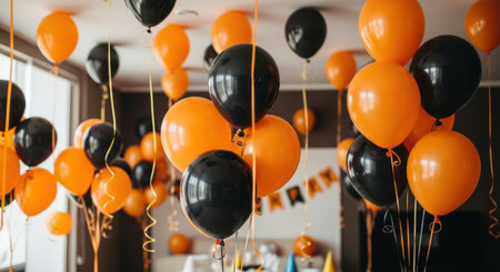 Orange and black balloons for birthday party decoration in living room at homeの素材
