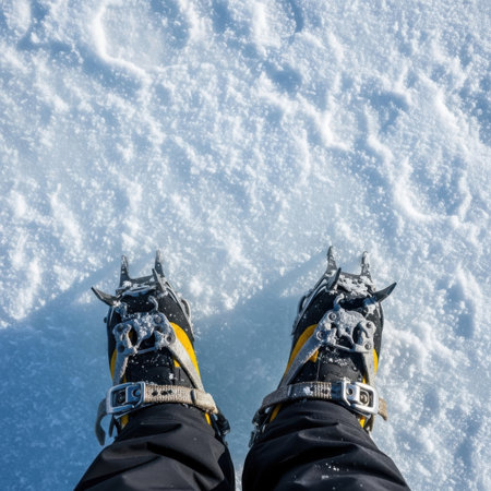 Climber's legs in ski boots on the background of snowの素材