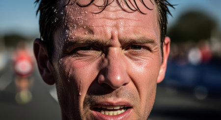 Portrait of a man with sweat on his face after the raceの素材