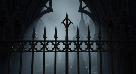 Gothic wrought iron gate with stone archway and misty graveyard beyondの素材