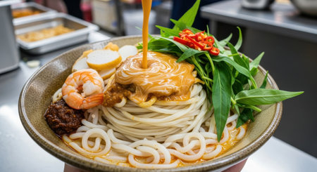 Udon noodles with shrimps and vegetables in a bowl.の素材