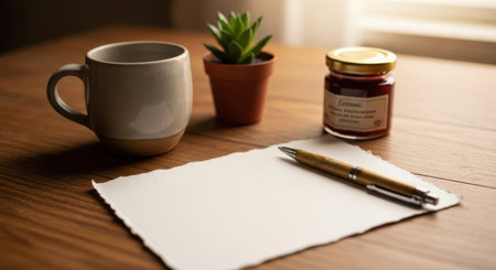 A cup of coffee and a pen on a wooden table with a blank sheet of paperの素材