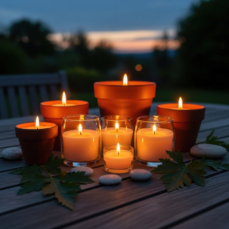 Burning candles and green leaves on wooden table in garden at sunsetの素材