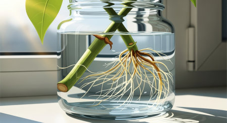 a plant with roots in a glass jar.の素材