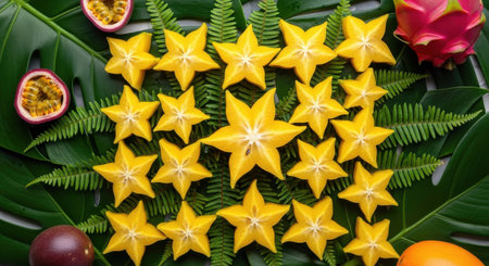 Star fruit and passion fruit on green leaf background. Top view.の素材