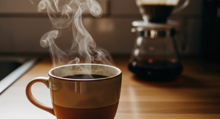 Cup of coffee with steam on the table in the kitchen.の素材