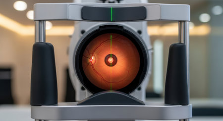 Close-up view of an eye test machine.の素材