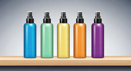 Illustration of a set of colorful spray bottle on a wooden shelfの素材