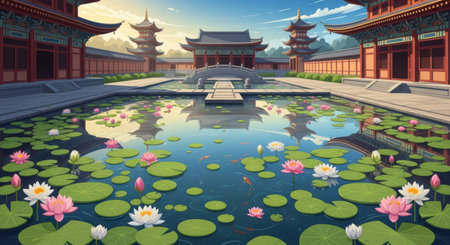 Chinese temple with pond and lotus flower in the pond. Vector illustrationの素材