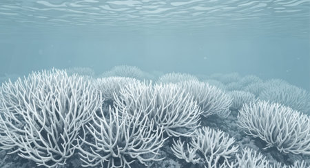 Underwater panorama of coral reef with hard corals in blue waterの素材