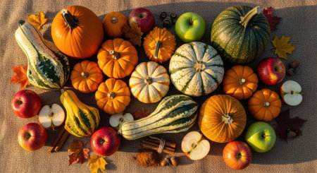 Autumn background with pumpkins, apples and autumn leaves. Top view.の素材