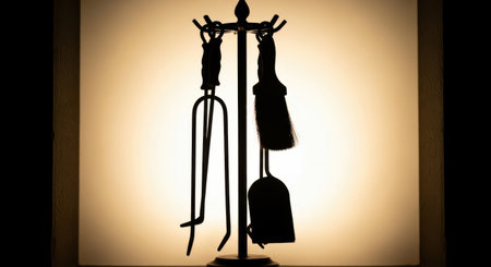 Silhouette of a broom and candlestick in a dark roomの素材