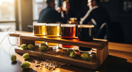 Group of different beer glasses on wooden tray in pub or bar.の素材