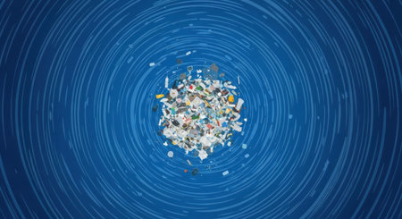 Illustration of a group of garbage on a blue background with concentric circlesの素材