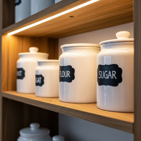 Close-up of white glass jars with black label on wooden shelfの素材