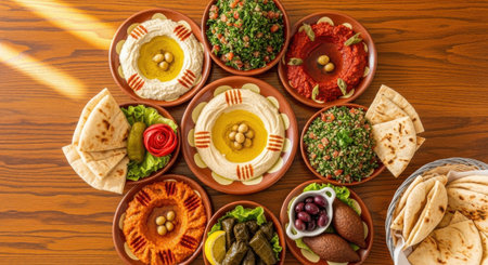 Top view of different types of hummus in bowls on wooden tableの素材