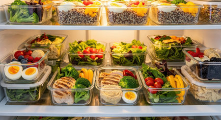 Open fridge full of healthy food. Vegetables, meat, cheese and fruits in refrigeratorの素材