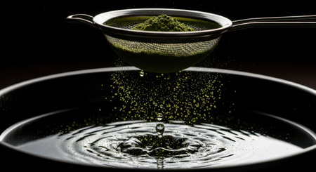 Matcha powder sifting into black bowl with rippling liquid and dramatic lightingの素材