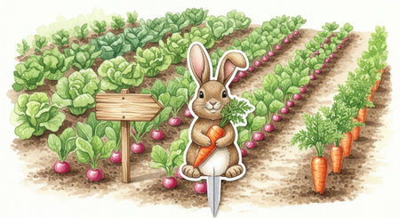 Rabbit and carrot in the garden. Hand drawn vector illustration.の素材