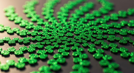 Green sequins on a black background. Shallow depth of field.の素材