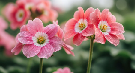 Pink primrose flowers in the garden. Floral nature background.の素材