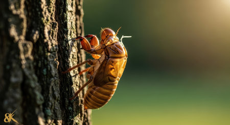 Cicada exoskeleton clinging to tree bark at golden-hour close-upの素材