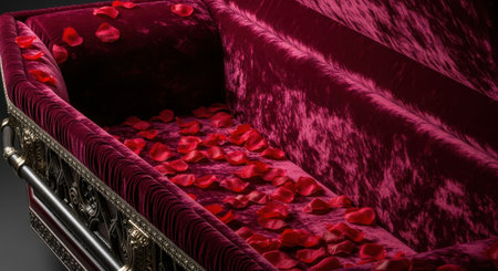 Red velvet box with rose petals on black background.の素材