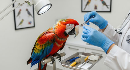 Veterinarian examining a scarlet macaw in a veterinary clinicの素材