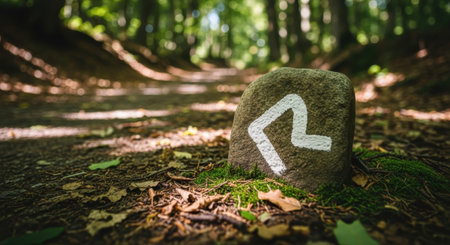 Arrow sign on the stone in the forest. Arrow symbol on the stone.の素材