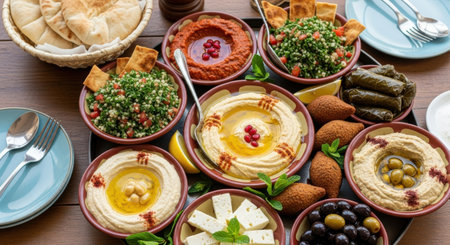 Variety of hummus in bowls with olive oil, tzatziki, olives, pickles, pita bread and olive oil on wooden backgroundの素材