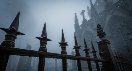 Gothic churchyard shrouded in fog with wrought iron fence and spired silhouetteの素材