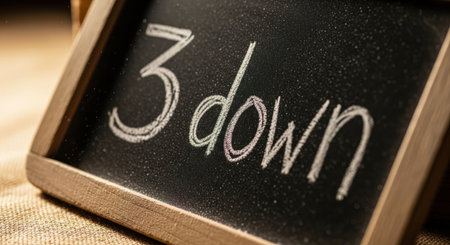 Small wooden chalkboard with handwritten 3 downの素材