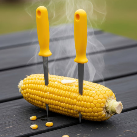 Grilled corn on the cob with knife and fork on wooden tableの素材