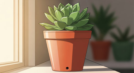 Illustration of succulent plant in a pot on a windowsillの素材